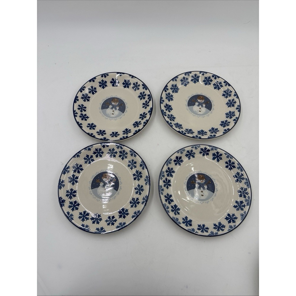 Four Cameo Snowman By Folkcraft Stoneware Dessert Plates 8" Blue Snowflake Desig